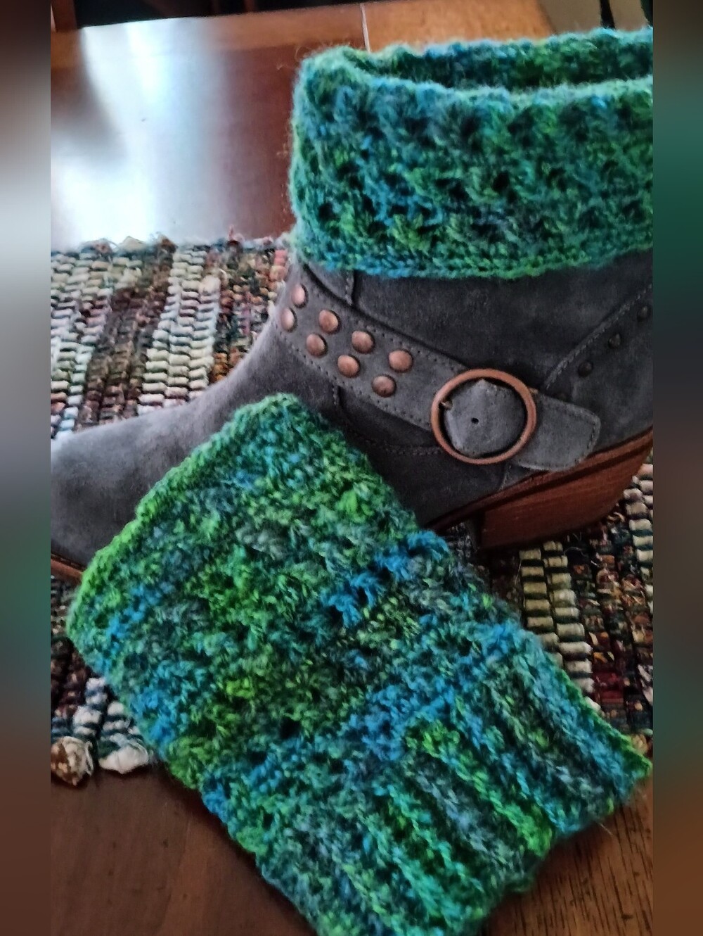 Artisan made Crochet Homespun Wool Green Blue Cuffs